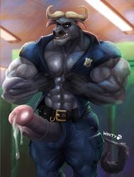 abs anthro big_penis bovid bovine chief_bogo clothed clothing disney erection genitals hi_res male male_only mammal muscular open_clothing open_shirt open_topwear penis shirt solo topwear true_buffalo water_buffalo wintech3112 zootopia