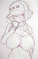 :q bottomless breasts clothes_lift commentary_request cum cum_on_body cum_on_breasts facial female fingerless_gloves gloves groin hat hataraku_saibou highres huge_breasts inverted_nipples lifted_by_self looking_at_viewer monochrome navel shirt_lift short_hair solo tongue tongue_out traditional_media tsukareta_san white_blood_cell_(hataraku_saibou)