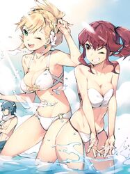 1boy 2girls anna_(fire_emblem) anna_(fire_emblem_heroes) bare_arms bare_legs bare_midriff bare_shoulders beach bikini blonde_hair breast_press breast_squeeze breasts clouds cute fire_emblem fire_emblem_heroes flower gebyy-terar green_eyes hair_flower happy legs looking_at_viewer midriff nintendo ocean open_mouth ponytail red_eyes red_hair sharena_(fire_emblem) short_hair side_ponytail sky smile splashing swimsuit teeth_clenched thighs water wet wind wink