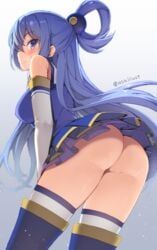 1girls aqua_(konosuba) ass big_ass blue_eyes blue_hair blush boots bottomless breasts eye_contact female hair_ornament kono_subarashii_sekai_ni_shukufuku_wo! legwear long_hair looking_at_viewer osa_(osaosa) pale-skinned_female pale_skin sideboob skirt_lift standing thick_ass thick_thighs thighs