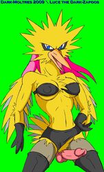 anthro blue_eyes breasts clothes color dark-moltres front_view futanari intersex intersex_only nintendo penis pokemon solo standing tagme zapdos