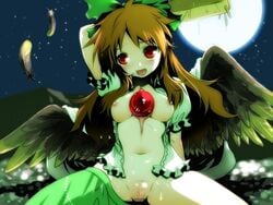 3_eyes blush bottomless bow breasts brown_hair cape censored female full_moon hairbow long_hair momoiro_manjiryuu moon multi_eye navel nipples no_bra open_clothes open_shirt pussy pussy_juice red_eyes shirt skirt skirt_around_one_leg solo spread_legs touhou utsuho_reiuji wings