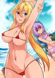 2girls antenna_hair armpits arms_up artist_request aura beach bikini blonde_hair blue_eyes breast_envy breasts cevio covered_nipples curvy erect_nipples hair highres large_breasts long_hair looking_at_viewer low_twintails micro_bikini multiple_girls navel nipple_bulge ponytail purple_bikini purple_eyes purple_hair red_bikini shaded_face shirosaki_rio side-tie_bikini small_breasts stomach strap_gap stretch swimsuit synthesizer_v tied_hair tsurumaki_maki twintails very_long_hair vocaloid voiceroid wide_hips yuzuki_yukari