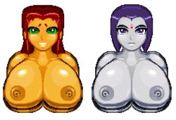 2girls animated big_breasts big_nipples bouncing_breasts casetermk dc dc_comics huge_breasts hyper_bimbo lowres multiple_girls pixel_art rachel_roth raven_(dc) smooth_skin starfire teen_titans transparent_background