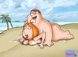 1boy 1girls ambiguous_penetration beach breasts buried_in_sand doggy_style drool drooling family_guy fat_man female human husband_and_wife lipstick lois_griffin male overweight_male peter_griffin prone_bone prone_position sand sex straight straight_sex stuck tagme toon-party