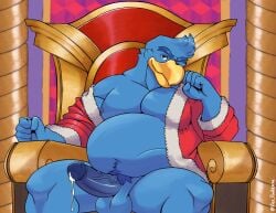 anthro avian balls beak blue_body boner erection furry jacket king_dedede kirby_(series) male male_only nintendo one_eye_closed open_jacket overweight pantsless penguin penis precum red_clothing solo solo_male spread_legs vier_punksterne