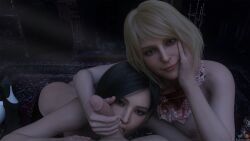 1boy 2girls 2girls1boy 3d ada_wong ada_wong_(adriana) ashley_graham ashley_graham_(ella_freya) ass ball_sucking breasts capcom erect_penis erection eye_contact female female_focus hand_on_penis handjob hands leon_scott_kennedy leon_scott_kennedy_(eduard_badaluta) male penis penis_focus rehtien3d resident_evil resident_evil_4 resident_evil_4_remake sucking_testicles testicles