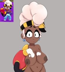 1girls amazed big_breasts body_positivity brawl_stars breasts brown_skin cum cum_on_breasts dark-skinned_female dark_skin eyelashes female female_only juan_vlasque maisie_(brawl_stars) nude prosthesis simple_background solo supercell tape thighs white_hair