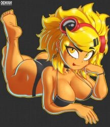 big_breasts bubble_butt choker clothed daimus_raw daimusraw dark-skinned_female dark_skin female_focus female_only human humanized plants_vs_zombies pvz smile solar_flare_(peargor) solar_flare_(pvz) tomboy yellow_hair