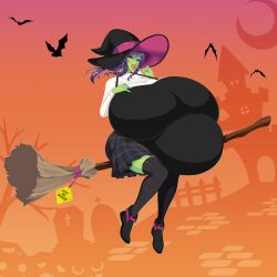 1girls 2d belly big_belly big_breasts breasts broom female green_skin halloween huge_breasts hyper_pregnancy lollipop massive_breasts pregnant purple_hair saburox skirt solo thighhighs witch witch_hat