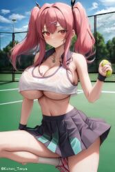 1girls ai_generated azur_lane breasts bremerton_(azur_lane) bremerton_(scorching-hot_training)_(azur_lane) cheerleader female hips huge_breasts light-skinned_female light_skin no_bra outdoors pink_hair sportswear stable_diffusion tennis_outfit thick_thighs thighs twintails wide_hips