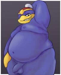 anthro artist_request avian balls beak blue_body furry hand_behind_head hat hat_only king_dedede kirby_(series) male male_only nintendo nude overweight penguin penis smiling solo solo_male