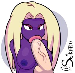 artist_name balls big_breasts big_nipples blowjob breasts cock fellatio jynx long_hair penis pokémon_(species) pokemon pokemon_(species) purple_skin seikatsueclipse spit