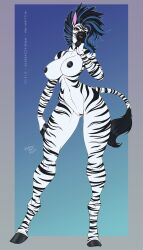 areola black_hair blue_hair breasts brown_eyes equid equine female genitals hair hi_res hooves long_legs mammal multicolored_hair nipples pussy small_waist solo stripes two_tone_hair wide_hips wmdiscovery93 zebra