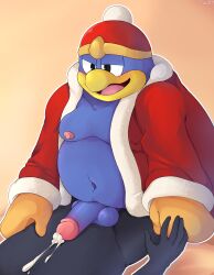 ambiguous_gender anthro avian balls beak blue_body boner cum erection furry hat jacket king_dedede kirby_(series) male nintendo open_jacket orgasm overweight penguin penis red_clothing st637