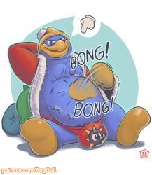 anthro avian balls beak big_bulge blue_body bulge furry gordo hand_behind_head hat jacket king_dedede kirby_(series) male male_only nintendo open_jacket overweight patting_belly penguin penis pugguil red_clothing sitting solo solo_male spread_legs thong