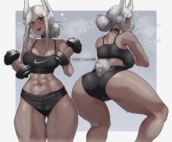 1girls abs aelion_draws ass booty_shorts breasts dark-skinned_female dark_skin dialogue english_text female huge_ass huge_breasts long_hair milf miruko my_hero_academia rabbit_ears rabbit_tail red_eyes rumi_usagiyama short_shorts shorts sports_bra sportswear sweat sweaty_body thick_thighs tied_hair white_hair