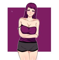 1girls arms_under_breasts bare_shoulders bare_thighs breasts cleavage collarbone crossed_arms female female_only fire_emblem fire_emblem_engage ivy_(fire_emblem) large_breasts long_hair nintendo off_shoulder pink_eyes purple_hair seirosfollower shorts shoulders solo tank_top thighs