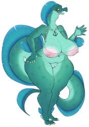 2023 aimbot-jones anchor anthro aquatic_dragon areola arm_frill big_areola big_breasts biped blue_eyes breasts claws clothing deep_navel dragon eyelashes facial_scar female finger_claws fishnet fishnet_clothing fishnet_topwear frill_(anatomy) full-length_portrait genitals green_body green_scales hi_res jewelry kaiju leg_frill leg_scar long_tail marine membrane_(anatomy) membranous_frill navel neck_frill necklace nipples open_mouth overweight overweight_anthro overweight_female pink_areola pink_nipples portrait pussy scales scalie scar sharp_teeth shoulder_scar simple_background solo stretch_marks tail tail_frill tail_scar teeth thick_thighs tongue topwear webbed_hands white_background wide_hips yellow_sclera