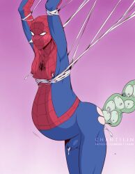 1boy ass belly big_belly blush bondage bulge chanti egg_implantation erection erection_under_clothes lactation male male_focus male_lactation male_only male_pregnancy marvel marvel_comics oviposition peter_parker precum_through_clothing pregnant solo_focus spider-man spider-man_(series) tentacle tentacle_on_male tenting torn_clothes yaoi