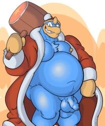 anthro avian balls beak blue_body chisuun furry hammer hat jacket king_dedede kirby_(series) male male_only melee_weapon nintendo open_jacket overweight penguin penis red_clothing smiling solo solo_male weapon weapon_over_shoulder