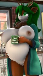 3d_(artwork) 4k absurd_res anthro bathrobe belly beverage big_belly big_breasts bodily_fluids breasts buckteeth clothing coffee coffee_mug deer digital_media_(artwork) dongly12 female green_hair hair hi_res kitchen lactating lactation mammal neck_tuft nipples open_bathrobe pregnant pregnant_female revamped_anthros robe solo source_filmmaker tea_tree_(donglysfm) teeth tuft