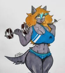 1girls :o adidas bare_belly big_breasts breasts brown_hair brown_hair_female cleavage cooling_off dumbbell feet_out_of_frame female female_only fox fox_girl front_view furry furry_only grey_body grey_fur grey_skin hurner long_hair long_hair_female no_humans no_visible_genitalia no_visible_nipples small_waist sports_bra sports_uniform sporty thick_thighs waving_hand wide_hips