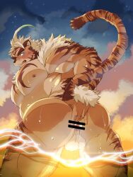 1boy ahoge anal_fingering animal_ears anthro anthro_only anus ass ass_focus bar_censor bara beach beard belly blue_eyes blush censored facial_hair feet_out_of_frame fingering from_behind furry furry_male highres hombre_tigre_(tokyo_afterschool_summoners) large_pectorals male male_focus male_only muscular muscular_male nipples outside partially_underwater_shot pectorals plump presenting shrimp_g_r18 solo tail_raised thick_eyebrows thick_thighs thighs tiger_boy tiger_ears tokyo_afterschool_summoners wet white_hair