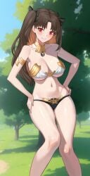 1girls bikini bikini_armor brown_hair cleavage fate/grand_order fate_(series) female female_only hair_ribbons hands_on_hips ishtar_(fate) large_breasts legs long_hair looking_at_viewer navel outdoors pigtails posing red_eyes shiny_skin smile thighs twintails voluptuous