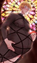 balls belly big_belly blonde_hair blue_eyes chanti church crucifix cum_drip erection glasses hand_on_belly lactation male male_lactation male_only male_pregnancy necklace nipples outie_navel penis pregnant priest see-through solo solo_male stained_glass transparent_clothing