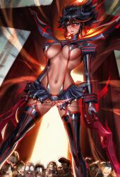 1girls almost_naked background_characters big_breasts curvy curvy_figure exposed_torso female kill_la_kill liang_xing matoi_ryuuko slingshot stockings