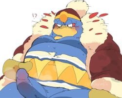 anthro avian balls beak blue_body blush boner erection furry hat hyaku_(artist) jacket king_dedede kirby_(series) kirby_and_the_forgotten_land male male_only musk nintendo open_jacket overweight pantsless penguin penis solo solo_male