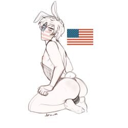 1boy _bro_m america_(countryhumans) blush bunny_boy bunny_costume bunny_ears bunny_tail bunnysuit countryhumans crossdressing looking_at_viewer male male_only playboy playboy_bunny playboy_outfit united_states_of_america_(countryhumans) white_background white_body white_hair white_skin