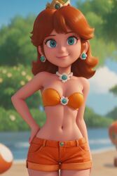 ai_generated bikini_top blue_eyes brown_hair butts69420 crown high_resolution highres mario_(series) nintendo princess_daisy short_shorts stable_diffusion super_mario_bros._(2023_film)