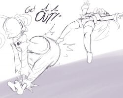 2girls dialogue diaper diaper_fetish female female_only filia_(skullgirls) leaning_forward looking_back monochrome sinningsneasel sketch skullgirls squigly