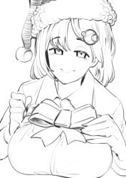 breasts christmas christmas_hat christmas_present dismassd hololive hololive_english hololive_myth large_breasts looking_at_viewer ribbon ribbons santa_hat short_hair sketch tagme virtual_youtuber watson_amelia