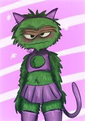 1boy 2023 blush blush cat_ears cat_tail catboy embarrassed eyebrows femboy furry green_fur jembbrowm looking_at_viewer miniskirt old_man oscar_the_grouch pink_background sesame_street skirt thighhighs tired