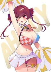 breasts cheerleader cheerleader_uniform cleavage dismassd heterochromia hololive hololive_fantasy hololive_japan houshou_marine large_breasts midriff miniskirt panties pom_poms red_eyes red_hair short_hair skirt skirt_up smile tagme twintails virtual_youtuber yellow_eyes