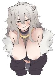 animal_ears breasts dismassd ear_piercing grey_eyes grey_hair hololive hololive_gen_5 hololive_japan large_breasts lion_ears lion_girl long_hair looking_at_viewer nipples open_clothes shishiro_botan smug tagme virtual_youtuber