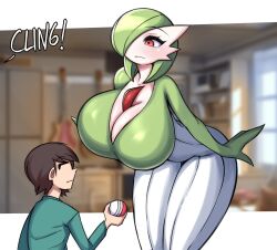1boy 1girls anthro breasts dialogue english_text female female_pokemon furry gardevoir green_hair hair_over_one_eye height_difference hi_res hips huge_breasts human human_male large_breasts male massive_breasts nintendo pokémon_(species) pokemon pokemon_(species) pokephilia red_eyes saltyxodium short_hair text thick_thighs thighs wide_hips