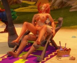 beach beach_chair beach_sex beach_towel beach_umbrella blood_elf female ginger_hair green_eyes kissy_(warcraft) lord_maldazzar red_hair sex sex_on_the_beach warcraft world_of_warcraft wow