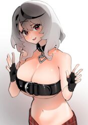 belt belt_bra black_hair breasts collar crying_with_eyes_open dismassd double_v embarrassed fingerless_gloves gloves grey_hair hololive hololive_japan holox huge_breasts midriff navel peace_sign plaid_skirt red_eyes sakamata_chloe skirt smile tagme two-tone_hair virtual_youtuber