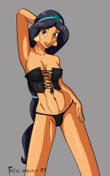 1girls aladdin alluring athletic_female bare_legs black_hair corset_bra disney disney_princess false-emporor false_emporor female_abs fit_female panties posing princess_jasmine