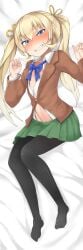 1futa absurdres asakura_mao black_legwear blonde_hair blue_eyes blue_ribbon bulge censored clothed clothing dakimakura dakimakura_(medium) danielsung erection erection_under_clothes futa_only futabu futanari highres huge_cock human light-skinned_futanari light_skin long_hair looking_at_viewer mosaic_censoring mostly_clothed on_side penis pillow ribbon school_uniform skirt solo twintails yellow_ribbon