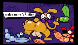 anthro anus ass balls bent_over big_balls big_butt big_dildo big_penis bonnie_(fnaf) bow_tie buckteeth digital_media_(artwork) dildo english_text eye_patch eyewear five_nights_at_freddy's five_nights_at_freddy's:_help_wanted five_nights_at_freddy's_vr:help_wanted foxy_(fnaf) genitals gesture glitchtrap hand_on_butt inside lagomorph leporid long_ears looking_at_viewer looking_back male male_only mammal middle_finger on_ground penis plush plushie presenting presenting_anus presenting_hindquarters purple_bow_tie rabbit scottgames sex_toy shelf solo speech_bubble spread_butt spreading superiorfox teeth text thick_thighs vein veiny_penis x_anus yellow_body