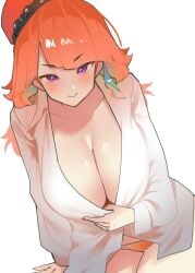 breasts cleavage dismassd dress_shirt hat hololive hololive_english hololive_myth large_breasts long_hair orange_hair panties purple_eyes shirt_only tagme takanashi_kiara virtual_youtuber