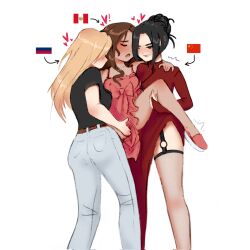 3girls black_hair blonde_hair blush clothing dark-skinned_female femdom heart humanized latina light-skinned_female long_hair multiple_girls nahui nahui_(artist) yuri