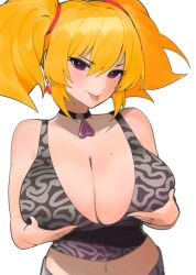 :p blonde_hair breasts choker cleavage coco_kaine dismassd dragon_girl hololive horns huge_breasts midriff mole navel purple_eyes short_hair smile tagme tongue tongue_out twintails virtual_youtuber