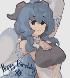 2021 arm_sleeves black_eyes blue_hair dismassd english_text ganyu_(genshin_impact) genshin_impact happy_birthday long_blue_hair long_hair looking_at_viewer medium_breasts mihoyo sheep_horns smiling smiling_at_viewer snowflake text