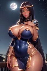 ai_generated black_hair bracelet breasts circlet cleavage dark-skinned_female dark_skin dress fate/grand_order fate_(series) female_only green_eyes huge_breasts long_hair moon no_bra no_panties scheherazade_(fate) solo stable_diffusion thick_thighs